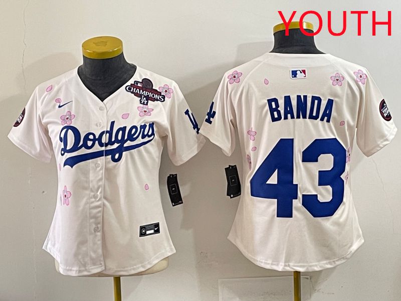 Youth Los Angeles Dodgers 43 Banda Cream Sakura Edition 2025 Nike MLB Jersey style 40